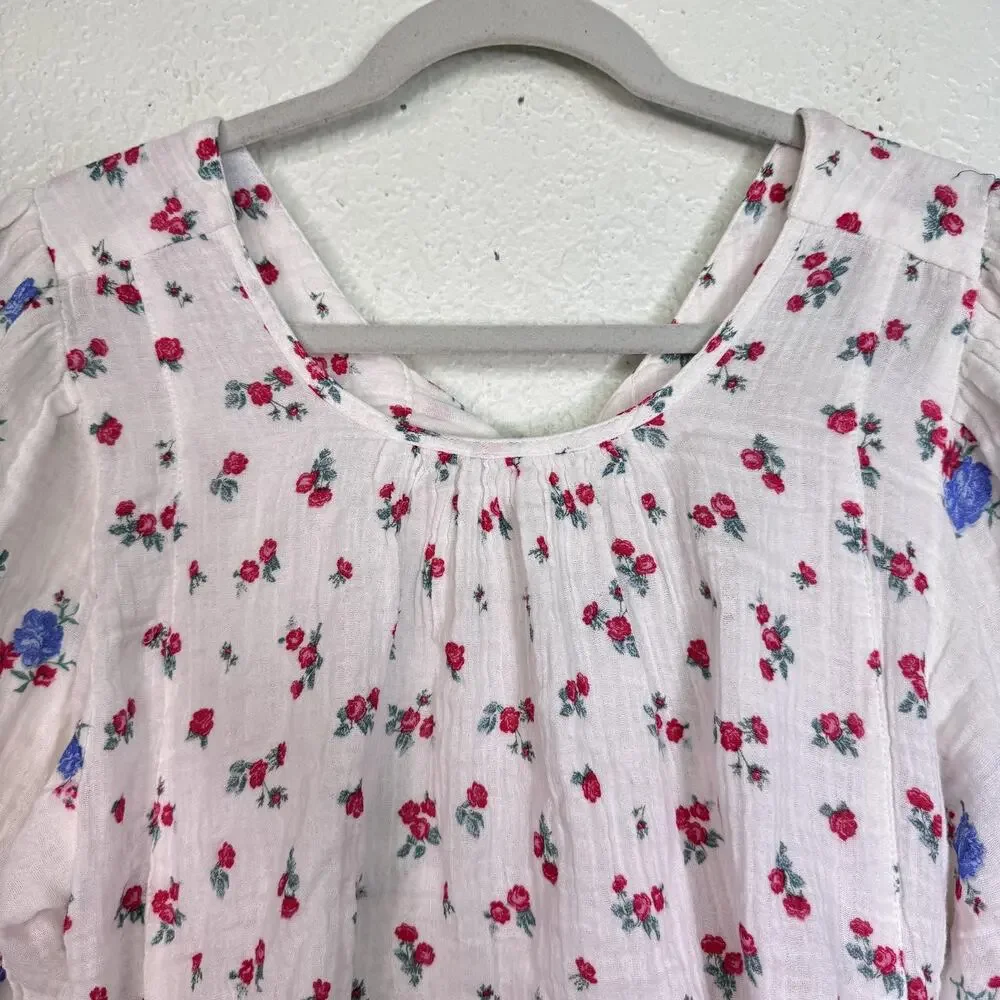 Free People Top Womens Small Floral Peplum Puff Sleeve Gauze Boho Flowy NEW